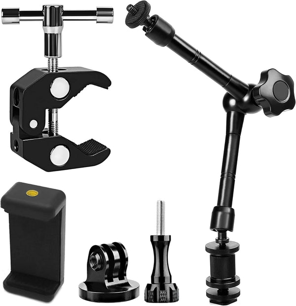 Camera Magic Arm, 11 Inch Metal Adjustable Friction Arm with Super Clamp/Phone Clip for Action Camera/DSLR