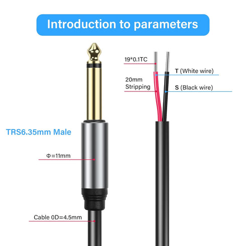 GINTOOYUN 2-Pack 6.35mm Male Plug to Bare Wire Open TRS Stereo Audio Cable Adapter - 0.3m/11in