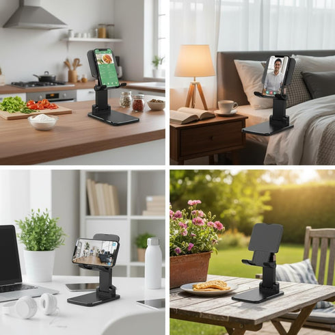 Solareon 17 16 15 14 13 Adjustable Cell Phone Stand for Desk, Heavy Duty Black Phone Holder with Foldable & Stable