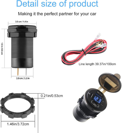 Dual USB Quick Charge 3.0 Port & PD USB C Car Charger Socket, 12V USB Outlet with Voltmeter for Car