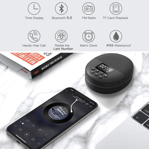Shower Radio Speaker with Bluetooth 5.0, AGPTEK Waterproof FM, Suction Cup, 12H Playback, Handsfree Calling, Black