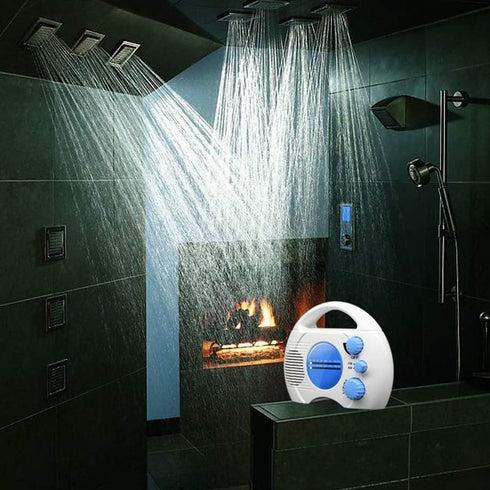 Portable AM/FM Shower Radio, Waterproof Hanging Radio with Built-in Speaker (Blue+White)