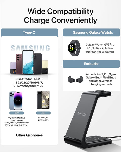 Intoval Wireless Charger - Charging Station for Samsung Galaxy Phone/Watch/Buds, Fit for Note 20/10, Galaxy Watch 4/3