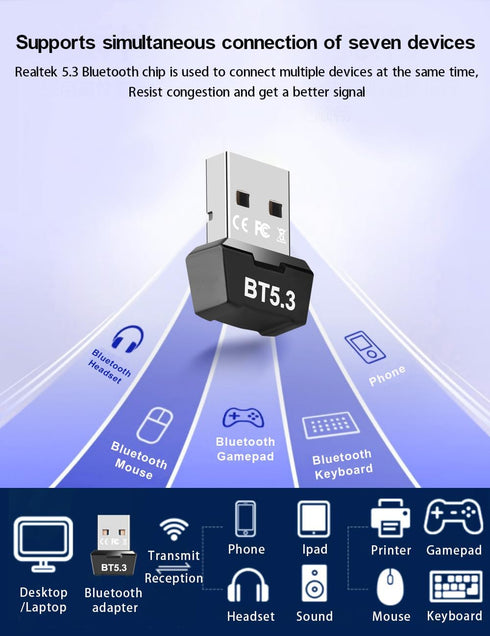 USB Bluetooth 5.3 Adapter for PC, Wireless Transmitter Receiver for Desktop, Laptop, Supports Windows 11/10/8.1/7