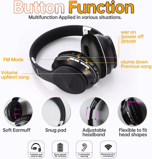 Wireless Bluetooth Headphones, Foldable Over Ear with Microphone, Noise Cancelling for Cellphone, PC, Home Office Travel