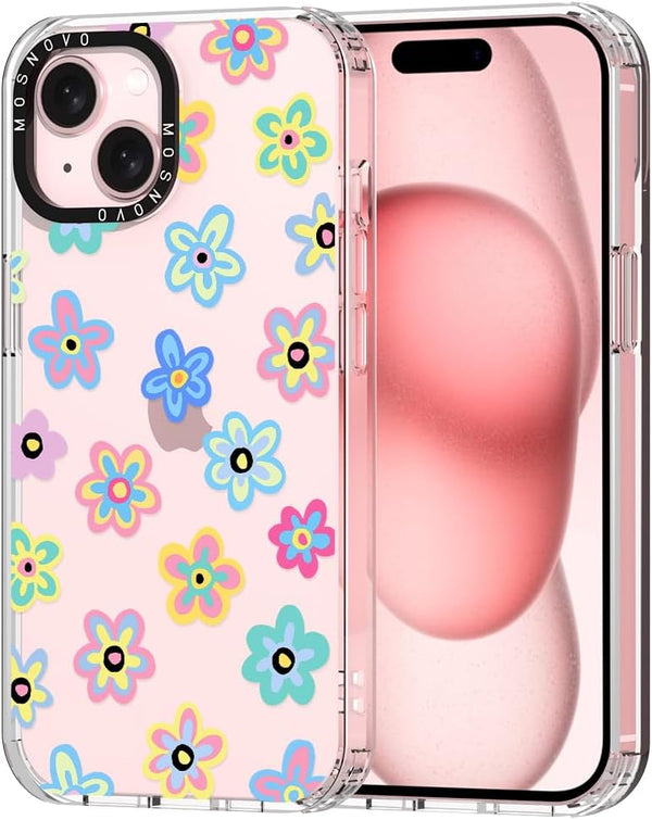 MOSNOVO iPhone 15 Case - Clear TPU Bumper, Retro Groovy Flower, Shockproof, 6.6 ft Drop Impact, Anti Peel Off Tech, 6.1"