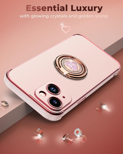 Bling Luxury Heart Case for iPhone 13 Mini - Pink, with Double Ring Kickstand, Protective Case for Women & Girls.