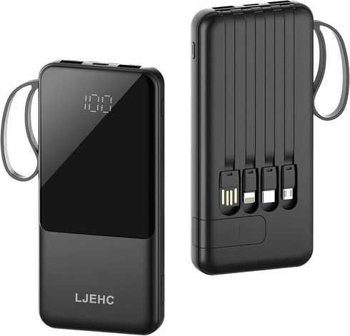 Portable Charger with Built-in Cables, 10000mAh Slim USB C Power Bank, High Speed External Battery Pack for Phones
