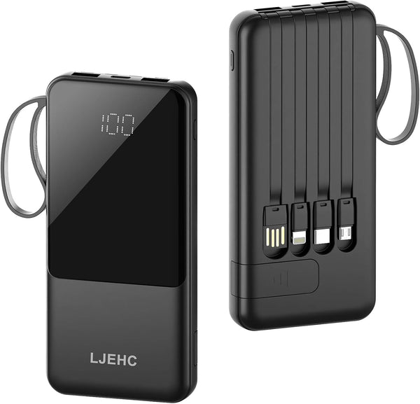 Portable Charger with Built-in Cables, 10000mAh Slim USB C Power Bank, High Speed External Battery Pack for Phones