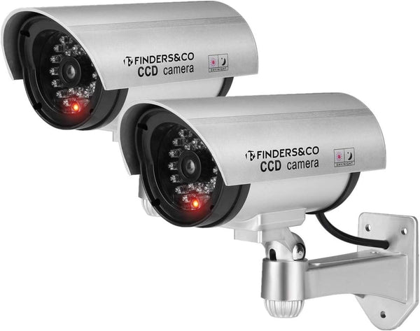 FINDERS&CO Fake Security Camera with Realistic Red Flashing Lights and Warning Sticker (2, Silver)