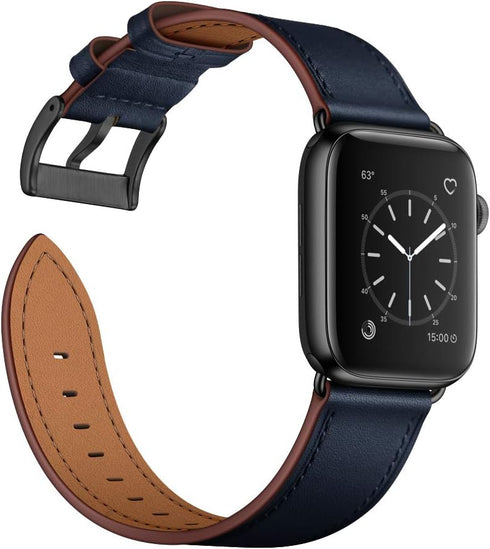 OUHENG Genuine Leather Apple Watch Band Replacement Strap for 42mm 41mm 40mm 38mm, Dark Blue/Black