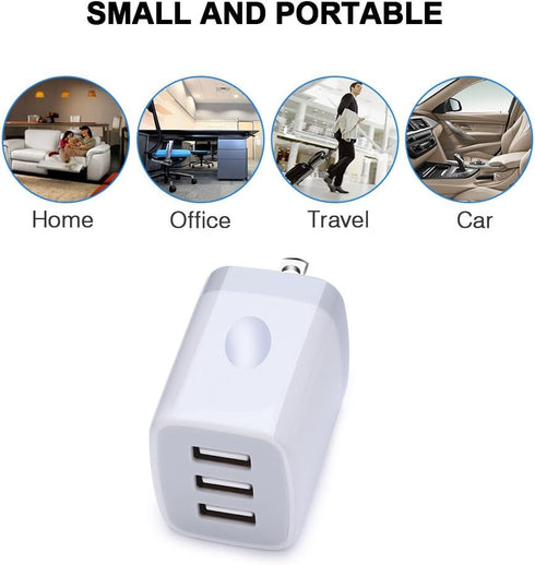 USB Wall Charger Adapter 18W/3Amp Fast Multiple 3-Ports Plug Charger Block Cube Box USB Brick Charging Base Compatible