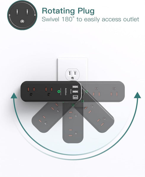 Surge Protector Outlet Extender, 6 AC Multi Plug with 3 USB Ports, 1800J Wall Charger, Black