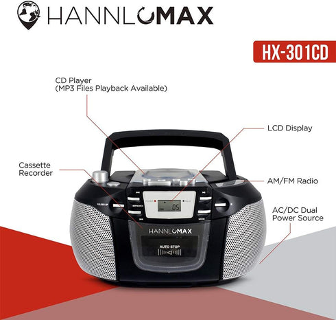 HANNLOMAX HX-301CD CD/MP3 Cassette Boombox, AM/FM Radio, Recorder, Records from CD or Radio, Headphone Jack, LCD