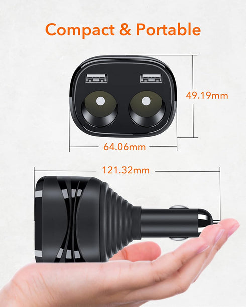 WOLFBOX 2 in 1 USB Charger for Cigarette Lighter, Car Charger with Dual USB Ports for Mirror Dash Cam, Compatible with