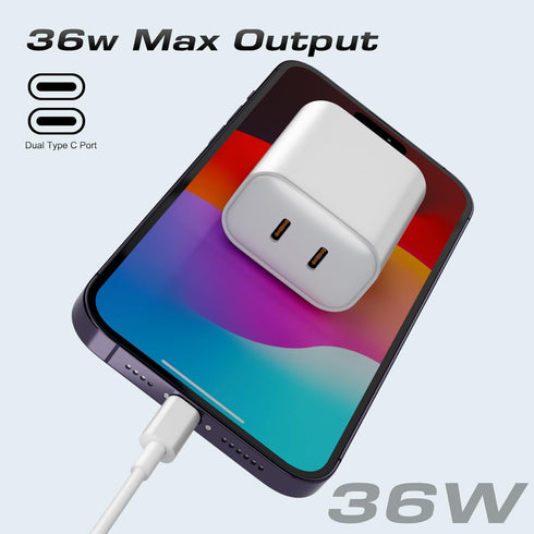 USB C Charger for iPhone 16, 2 Pack 36W PD Dual USB C Port Wall Fast Charger Adapter with 2 Pcs 6 FT Cable