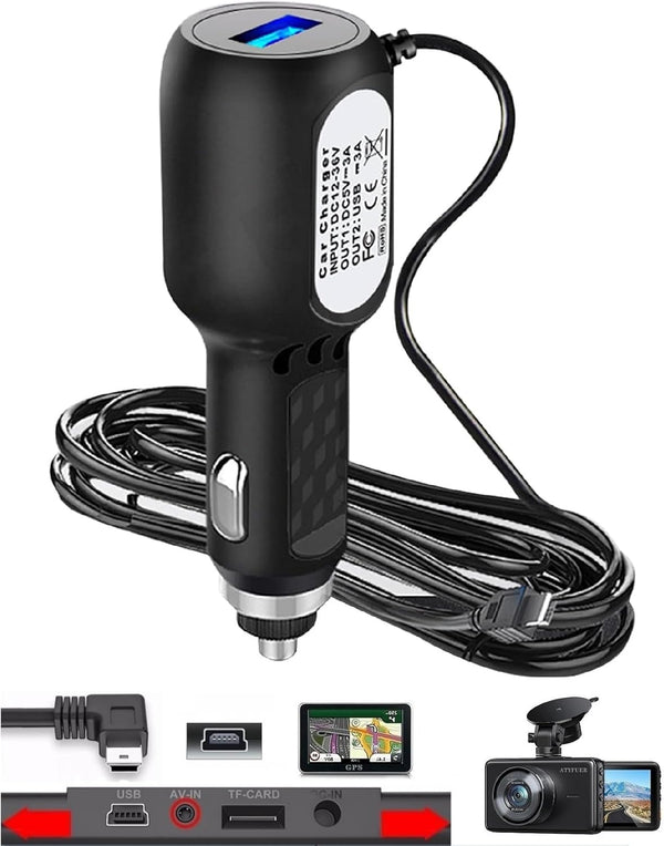 Dash Cam Charger Cable, 11.5FT Mini USB for 12V-24V Cars & Trucks, 3-in-1 Charging for Dash Cam, GPS Navigator, Mobile