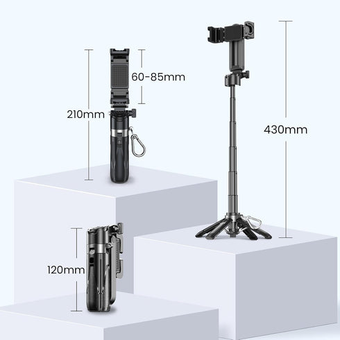 Linber 3-in-1 2 Portable Selfie Stick Tripod Grip with Cold Shoe Mounts Compact Extendable Phone Holder & Bluetooth
