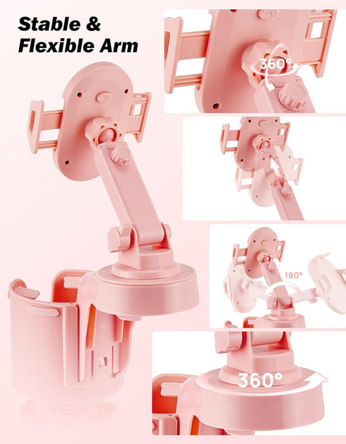 360 Smartphones,Pink,1 Pack JOYTUTUS Cup Holder Phone Mount for Car, Car Cellphone Large Adapter Long Arm with Degree