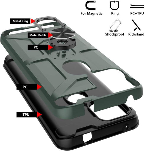 T-Mobile Revvl 5G Case with 2 Tempered Glass Screen Protector, Full Body Hybrid Hard Case with Kickstand, Midnight Green