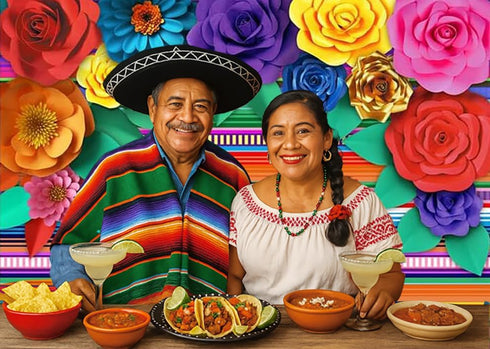 Mexican Theme Party Striped Backdrop - Fiesta Cinco De Mayo Paper Flowers Background for Cake Table Decor