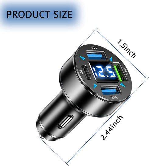 Fast Car Charger, 4 Ports Cigarette Lighter USB Charger with LED Voltmeter, PD3.1/Super Port Car Charger Adapter for