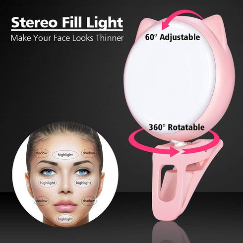 OURRY Mini Rechargeable Selfie Clip on Ring Light, 9 Level Adjustable Brightness, 32 LED, USB Flash Lighting - Pink