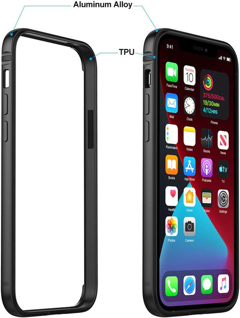 Eastcoo Slim Metal Bumper Case for iPhone 12 12 Pro, Metal Bumper Cover with Soft TPU Inner, Black
