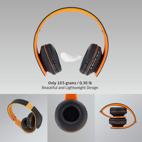 PowerLocus Wireless Bluetooth Over-Ear Stereo Foldable Headphones, Wired Headsets Rechargeable with Built-in Microphone for iPhone, Samsung, LG, iPad (Orange)