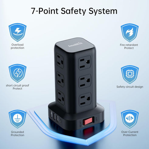 PD20W Surge Protector Power Strip Tower with 15FT Extension Cord, 12 AC & 4 USB (1 USB C) - Office Desk