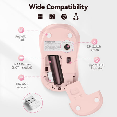 TECKNET Wireless Mouse for Laptop, 2.4G Silent Mouse, Small Portable Computer Mouse, 5 DPI Levels, Pink