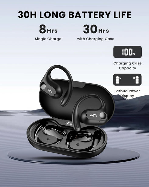Open Ear Bluetooth 5.3 Headphones, 30H Playback, Lightweight Wireless Earbuds with Ear-Hook for Running, Black
