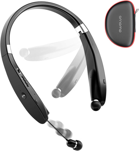 AMORNO Foldable Bluetooth Headphones, Wireless Neckband Headset with Retractable Earbuds, Sweatproof Noise Cancelling