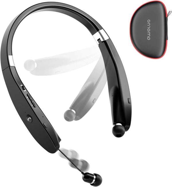 AMORNO Foldable Bluetooth Headphones, Wireless Neckband Headset with Retractable Earbuds, Sweatproof Noise Cancelling