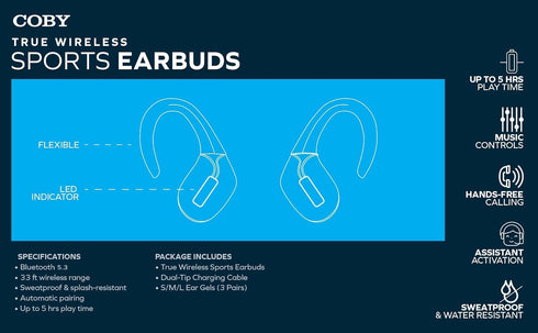 Coby True Wireless Sports Ear Buds with Over Ear Hooks, Wireless Bluetooth Earbuds for Gym, Sports & Running