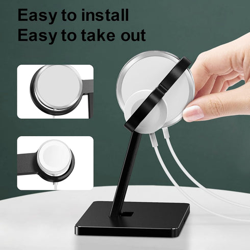 EWA 2 in 1 Magsafe Charger Stand, Aluminum Alloy Phone Holder for iPhone and Apple Watch (Black)