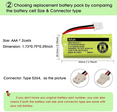 iMah BT183342/BT283342 2.4V 400mAh Ni-MH Battery, 2-Pack Compatible with AT&T and VTech Handsets