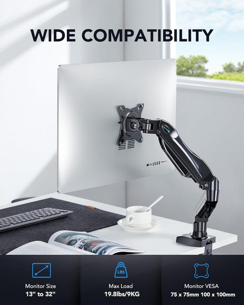 HUANUO Single Monitor Mount, 13 to 32 Inch Gas Arm, Adjustable Vesa Stand with Clamp and Grommet Base, Fits 4.4 to