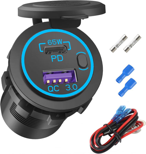 Boostable 12V USB C Outlet, 65W PD3.0 Port, 18W Quick Charge 3.0 Car USB Charger Socket for Laptops, Waterproof