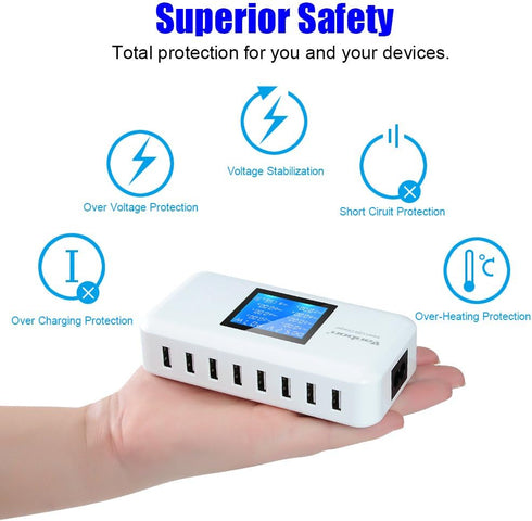 60W/12A 8-Port Desktop Charging Station, Multiple USB Fast Wall Charger Hub with LCD for Smart Phones, Tablets and More
