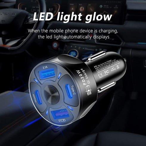 Car Charger Adapter - 4 Ports USB Fast Car Charger QC3.0/PD20W/Type-C/2.1A, Smart Shunt Car Phone Charger Compatible