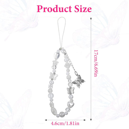 Qulkws Y2K Beaded Camera Wrist Strap Butterfly Cellphone Lanyard Strap Phone Charms Cute Pearl Digital Camera Charm