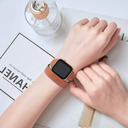 Bestig Bands Compatible with Apple Watch Band, 49mm 46mm 45mm 44mm 42mm, Genuine Leather Double Tour Slim Strap