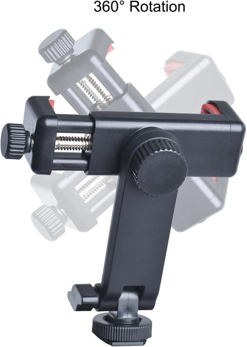 Phone Tripod Mount with Remote Controller, Universal Smartphone Adapter with Cold Shoe, 360° Rotating Clip Holder