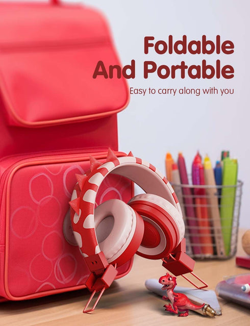 SIMJAR Kids Headphones - Dinosaur Design, Over-Ear, Foldable, Wired, Volume Limiter 85/94dB, Microphone, Red. Perfect