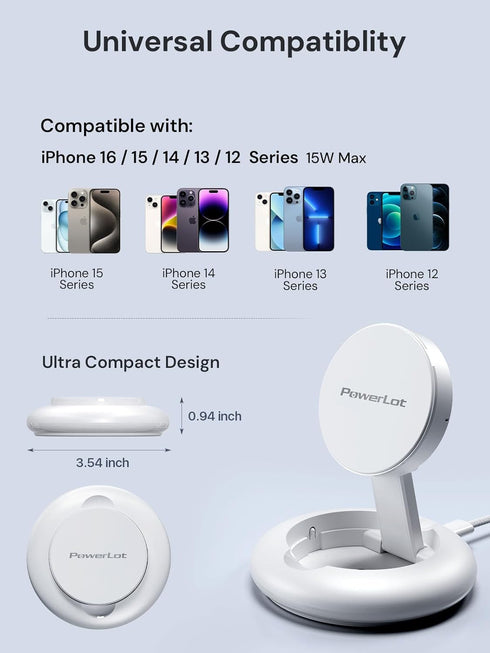 PowerLot Wireless Charger, 15W Fast Qi2-Certified Charging Station for iPhone 16/15/14/13/12, 20W PD Charger