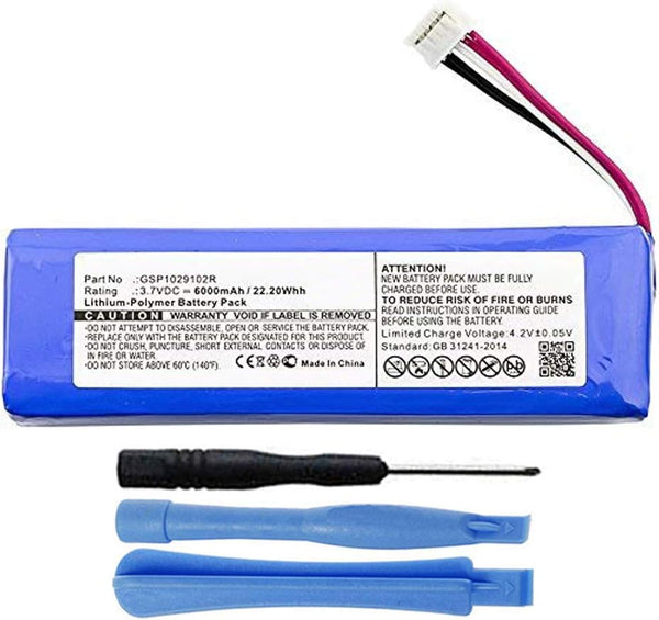 6000mAh GSP1029102R Battery Replacement for JBL Charge 3 (2015) and Select Charge 2+ Waterproof Bluetooth Speaker