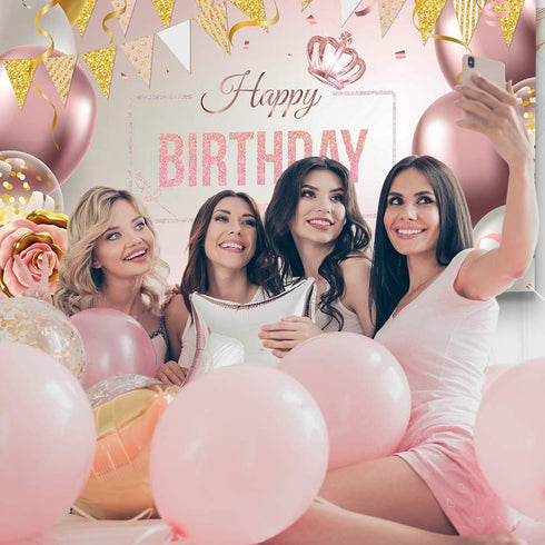 Large Rose Gold Balloons Birthday Decorations Banner Backdrop Theme Poster for Women Girls Party Supplies Decor