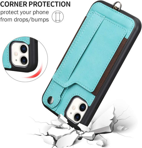 TOOVREN iPhone 11 Wallet Lanyard Case, Protective Cover with PU Leather Card Holder, Adjustable Detachable Strap