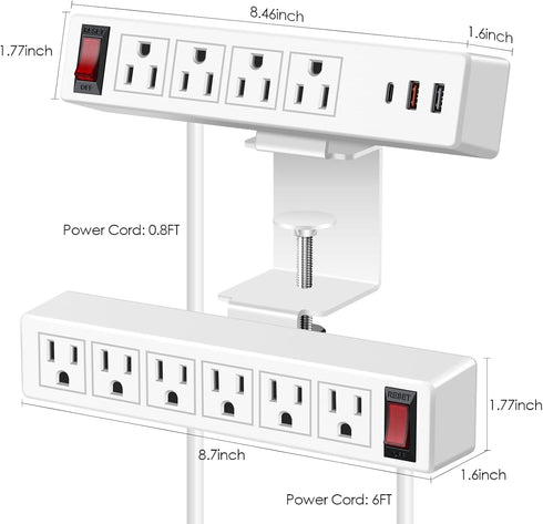 VILONG Desk Clamp Power Strip with 10 AC Outlets, PD20W USB-C, 6ft Extension Cord, Removable Clamp Power Socket